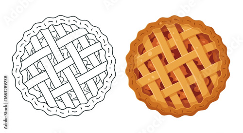Illustration Vector of Baked Pie with Lattice Crust and Golden Brown Color in Cartoon Style