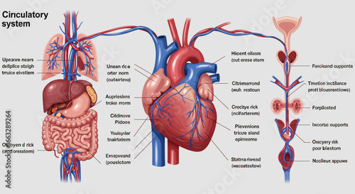 Circulatory System Diagram: Heart Lungs Liver Intestines and Urinary Tract.