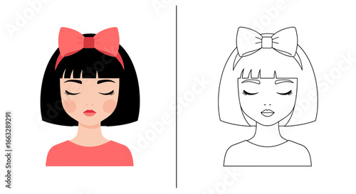 Minimalist Girl Portrait Vector Illustration with Bow Hairband and Soft Coral Colors