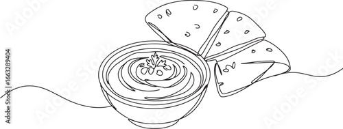 Elegant single line drawing of hummus and pita bread for food il
