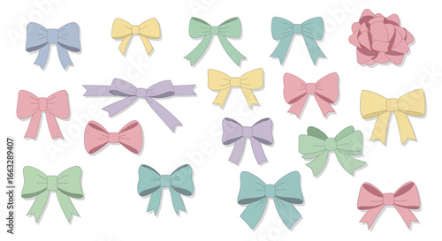 Bow Vector Illustration Set with Pastel Colored Ribbon Elements in Cute Minimalist Style