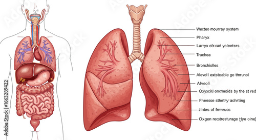Human Respiratory System Anatomy with Lungs Trachea and Bronchioles.