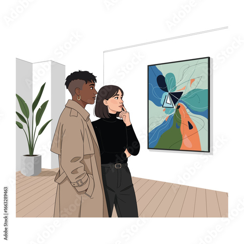 Art Appreciation: A pair of friends in the moment of an art museum appreciation, as the moment lingers in the air, framed by a neutral palette of the gallery.