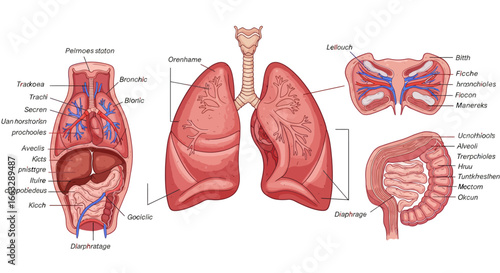 Anatomical Illustration of Human Respiratory System and Digestive Organs.