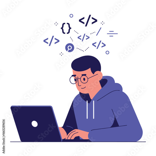 Tech-Savvy Visionary: A young individual, engrossed in coding on a sleek laptop, envisions a complex network of programming symbols.