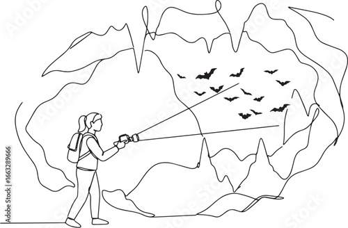 Line art drawing of a woman exploring cave with bats using flash