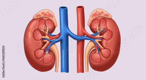 Cartoon Illustration of Human Kidneys with Blood Vessels and Adrenal Glands.