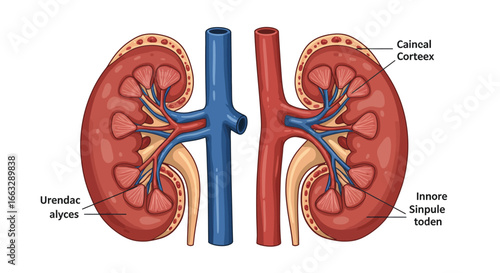 Human Kidneys Anatomy Illustration with Veins and Arteries.
