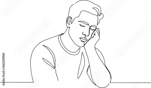 Minimalist single line art of a thoughtful man resting his head