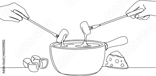 Elegant continuous line art of cheese fondue, forks and melted c