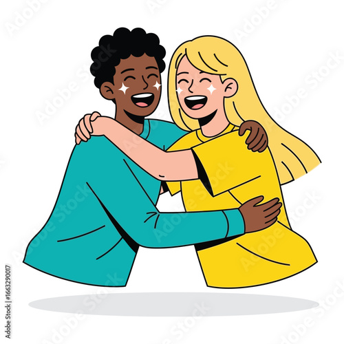 Joyful Embrace: A heartwarming illustration showcasing the bond of friendship as two diverse individuals share a warm embrace, radiating happiness and connection.