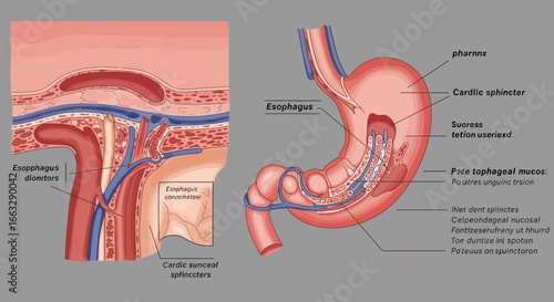 Anatomical Illustration of the Esophagus and Stomach Structure.