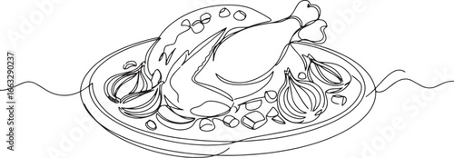 Continuous Line Drawing of Poulet Yassa, a traditional Guinean c