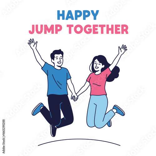 Happy Jump Together: This artwork illustrates two figures, jumping and holding hands. Symbolizing unity, joy, and the exuberance of a shared moment. Capturing a feeling of connection.