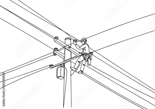 Minimalist line drawing illustration of a lineman repairing high