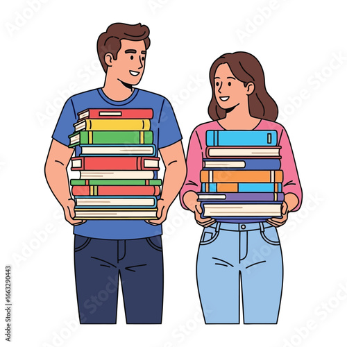 Shared Literary Journey: Two students share a moment of mutual connection, their arms laden with books, symbolizing a shared intellectual pursuit and the joys of learning.