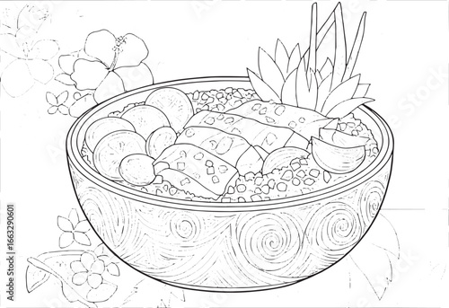 Intricate line art of a Polynesian Lomi Salmon bowl with tropica