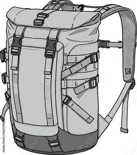 Backpack technical sketch, hiking bag vector drawing, camping gear flat illustration, travel rucksack CAD template, outdoor equipment line art, cad drawing flat vector illustration
