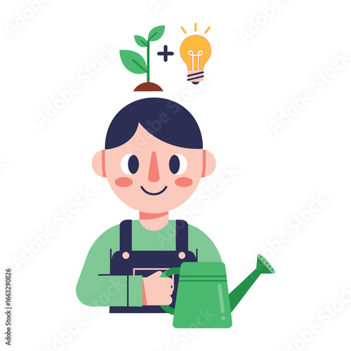 Nurturing Ideas: A cheerful illustration depicts a person with a sprouting plant and light bulb atop their head, holding a watering can, symbolizing innovative growth and creative thought. 