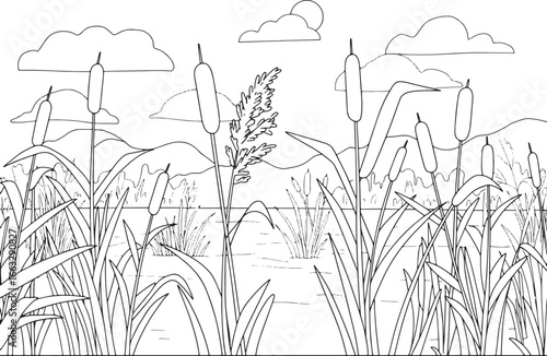 Delicate outlines of marshland reeds with mountain backdrop and