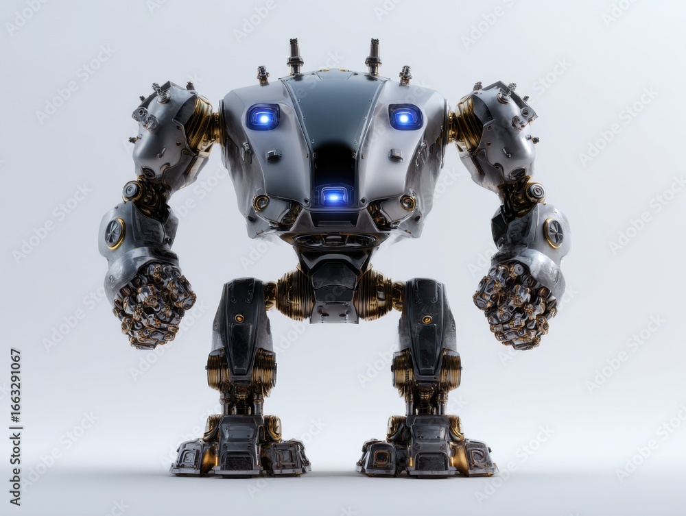 Naklejka premium Futuristic robotic machine with metallic armor and blue lights