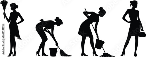 Black silhouette women cleaning with feather duster, broom, mop, bucket, handbag, domestic chores, housework, maid service, household labor vector illustration