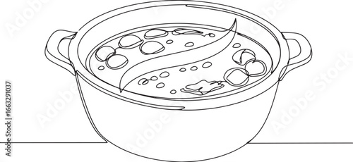 Monoline Illustration of Asian Hot Pot with Divided Broth Flavor