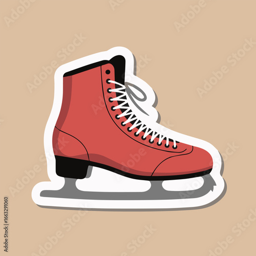Illustration of a red ice skate with white laces on a beige background, perfect for stickers, icons, or design elements for a variety of projects