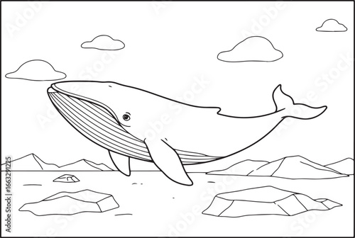 Black and white illustration of a whale swimming in the ocean wi