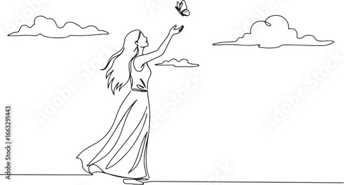 Woman releasing butterfly into the sky continuous single line dr