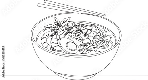 Single Line Drawing of Malaysian Laksa with Prawns and Egg in a