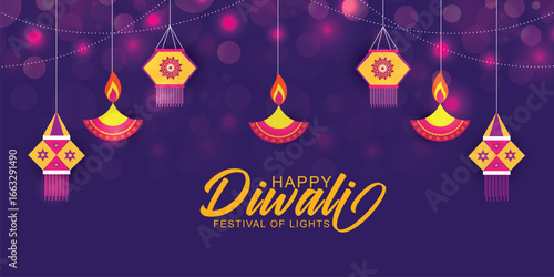 Happy Diwali Hindu festival horizontal banner with hanging Indian lantern