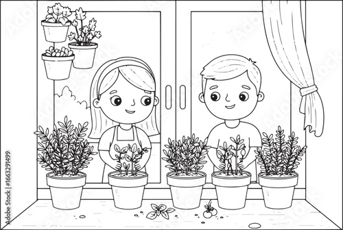 Delightful children plant herbs in pots on windowsill coloring p