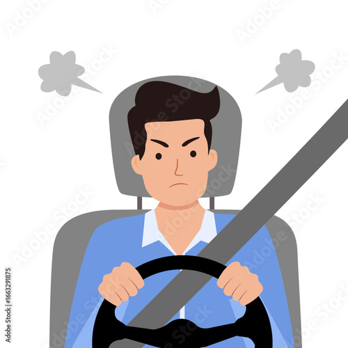 Angry driver in flat design on white background. Road rage concept vector illustration.