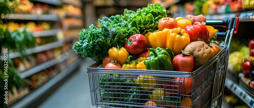 Full grocery cart packed with fresh fruits and vegetables in a bright supermarket environment, symbolizing wellness, clean eating, nutrition, sustainability, and modern shopping habits.