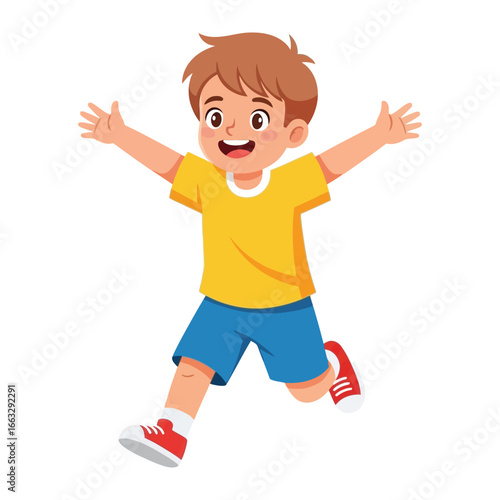 Joyful Leap: a happy boy, arms wide open, leaps with excitement and playful energy, isolated on clean background. 
