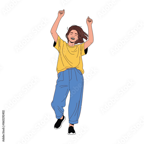 Joyful Animation: A vibrant digital illustration capturing the elation of a young woman dancing freely. Her lively pose and happy expression convey a sense of pure joy and freedom. 
