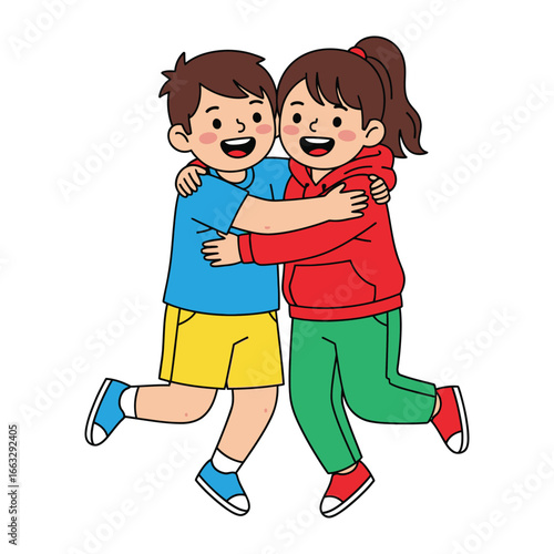 Joyful embrace of Friendship: Two children share a heartwarming hug, their faces beaming with happiness and genuine affection, illustrating the beauty of friendship