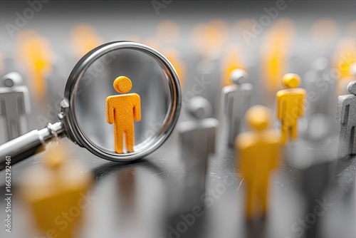 Magnifying glass focuses on a single gold figure among many gray figures, symbolizing talent search or candidate selection