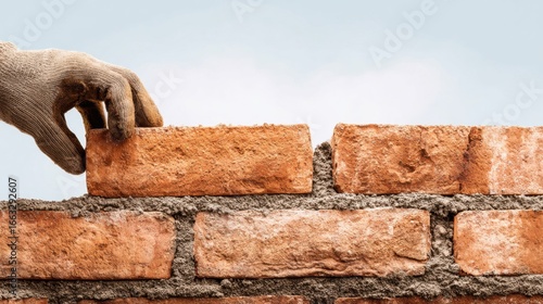 Hand laying brick on mortar for construction of a brick wall