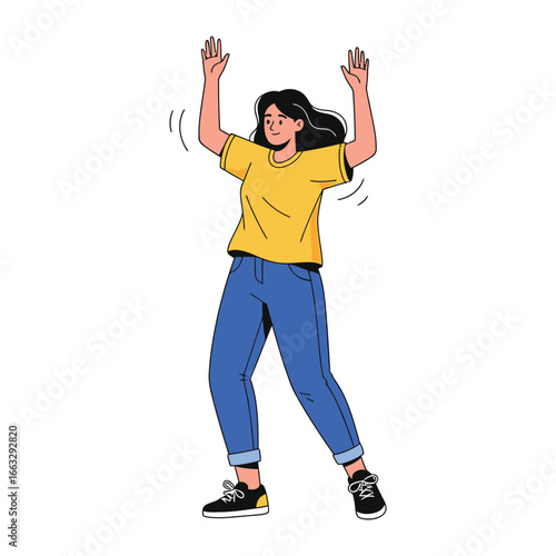 Joyful Woman in Upward Dance: A dynamic young woman expresses pure joy and exhilaration through a vibrant upward dance, capturing the essence of celebration. 