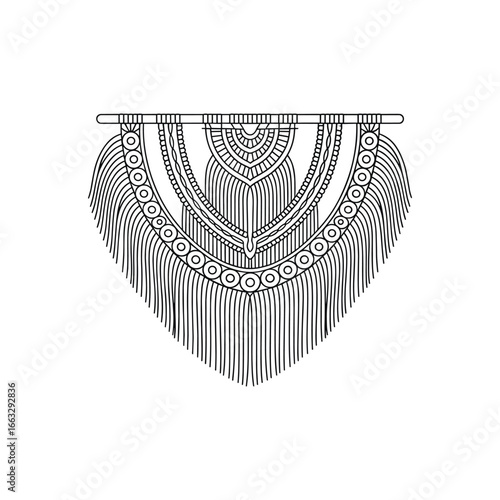 Artistic macrame wall hanging boho chic textile art decorative fringe tassels handcrafted bohemian style white background