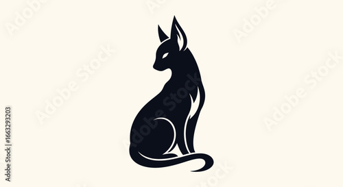 Elegant Stylized Black Cat Silhouette with Glowing Eyes Sitting Gracefully on a Light Background
