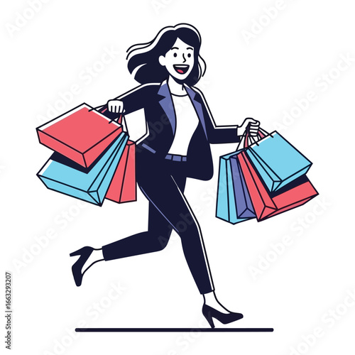 Joyful Shopper: A stylish woman, laden with shopping bags, strides forward with a smile, exuding energy and anticipation for a day of retail therapy, representing the joy of buying.
