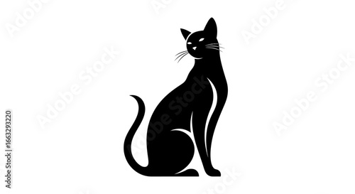 Graceful Black Cat Silhouette Illustration with Elegant Lines and a Mysterious Gaze on White Background
