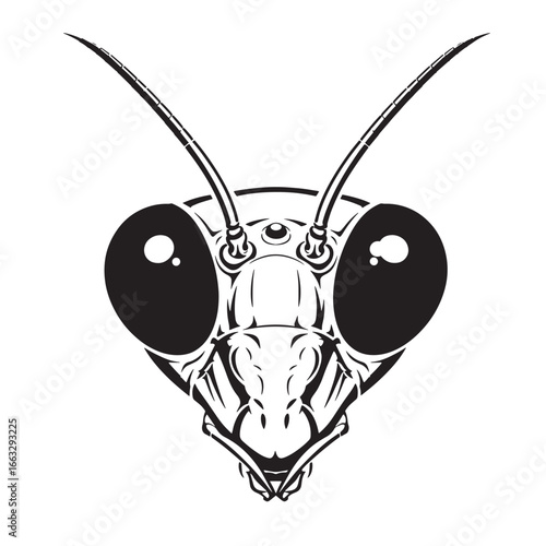 A stylized black and white illustration of a praying mantis head, showcasing large, prominent eyes and detailed mandibles.