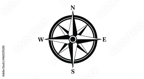 A black and white illustration of a compass with directional letters