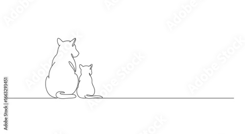 Minimalist continuous line drawing depicting two animals, a large and a small one, sitting together, symbolizing a close