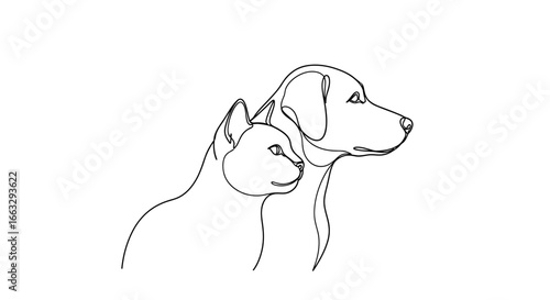 Minimalist One Line Art Drawing of a Cat and Dog Together, Representing Pet Companionship and Friendship