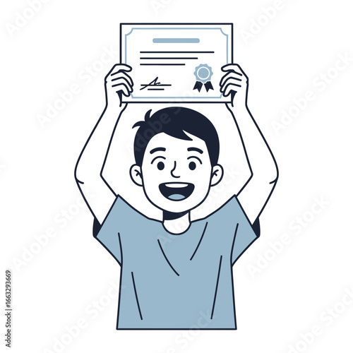 Triumphant Certificate: Illustration of a smiling person proudly holding a certificate, a symbolic representation of achievement, pride, and education. 
